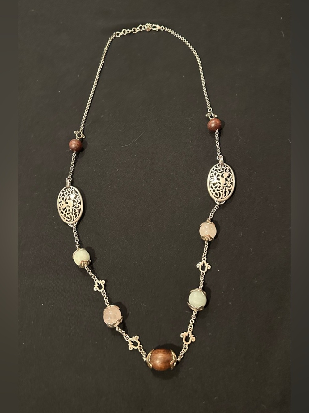 Brighton song bird Silver-Tone Filigree Necklace with Brown Blu Pale pink Beads
